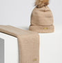 Barbour SPARKLE BEANIE & SCARF Womens Gift Set Oat, front view showcasing the beanie and scarf in a light oat color.