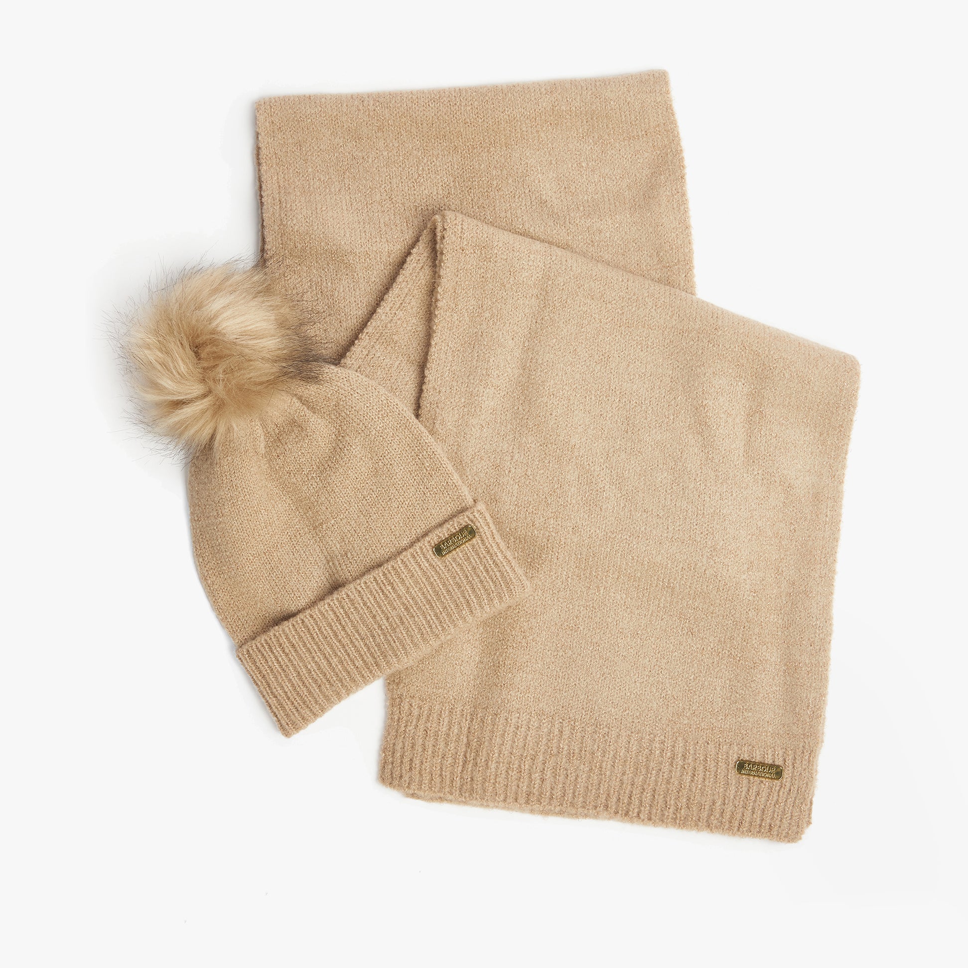 Barbour SPARKLE BEANIE & SCARF Womens Gift Set Oat front view of beanie and scarf set in oat color.