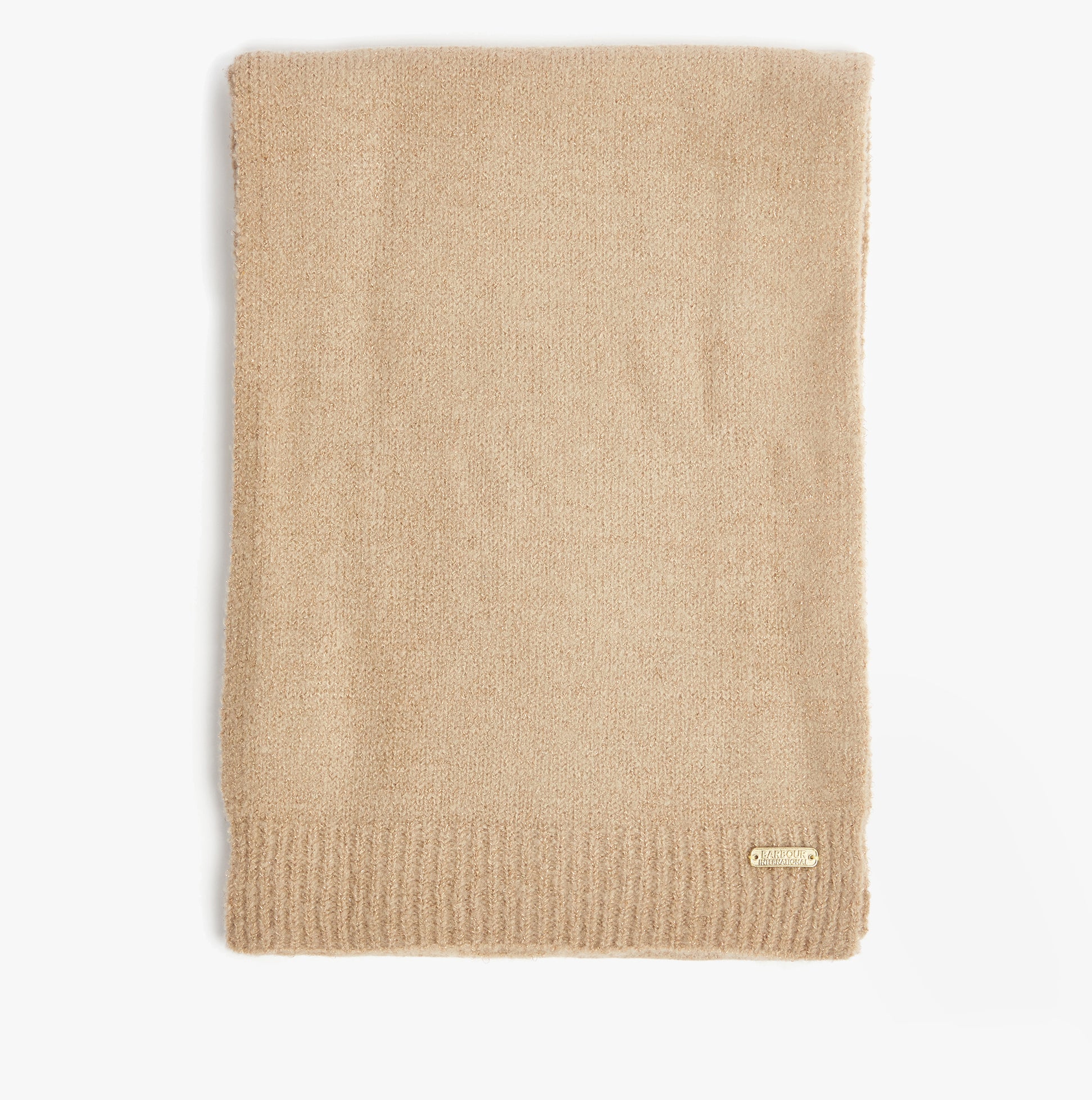 Barbour SPARKLE BEANIE & SCARF Womens Gift Set Oat, front view of scarf in beige color with brand logo detail.