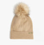 Barbour SPARKLE BEANIE & SCARF Womens Gift Set Oat front view beanie with pom-pom, light beige color.