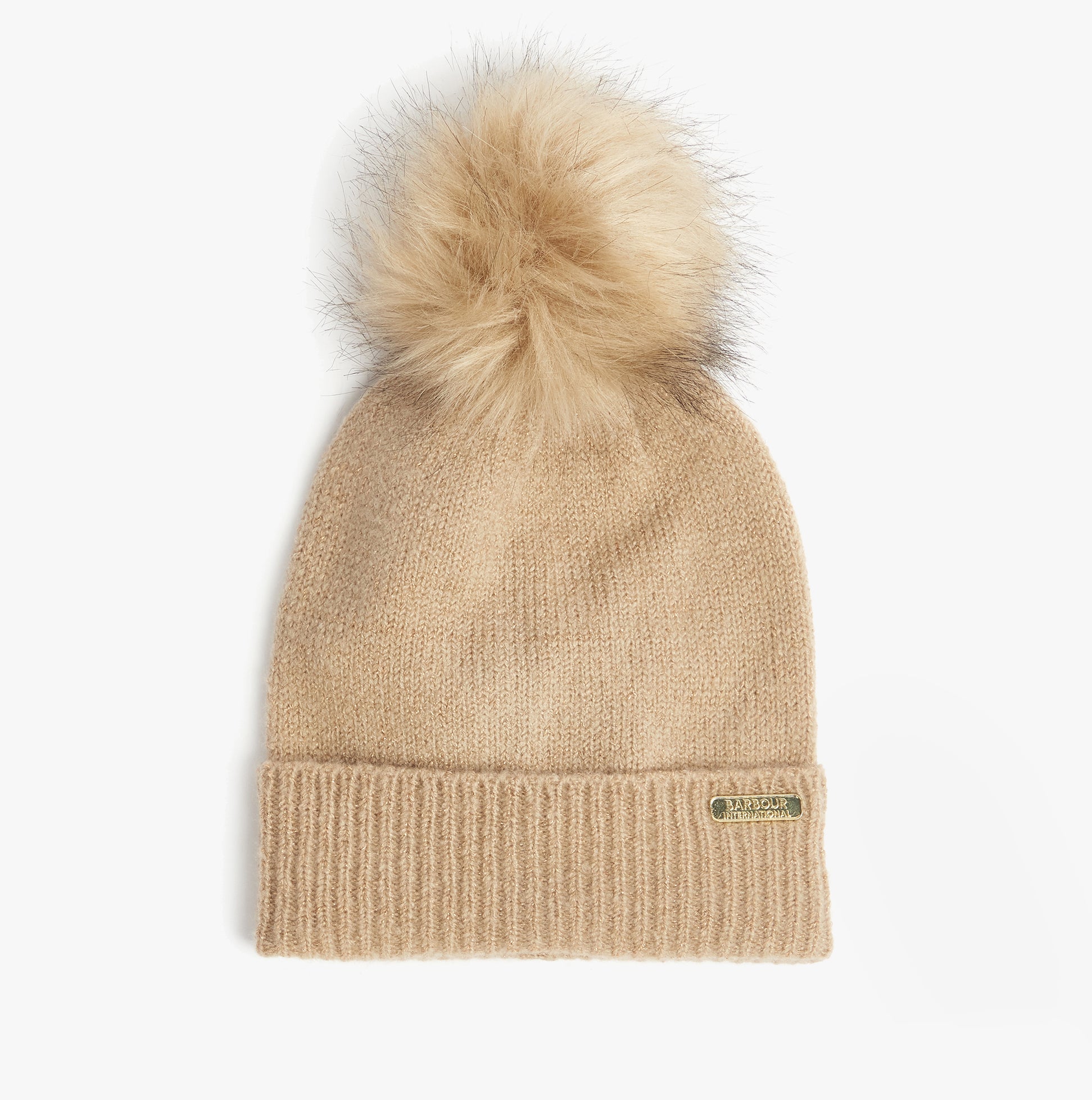 Barbour SPARKLE BEANIE & SCARF Womens Gift Set Oat front view beanie with pom-pom, light beige color.