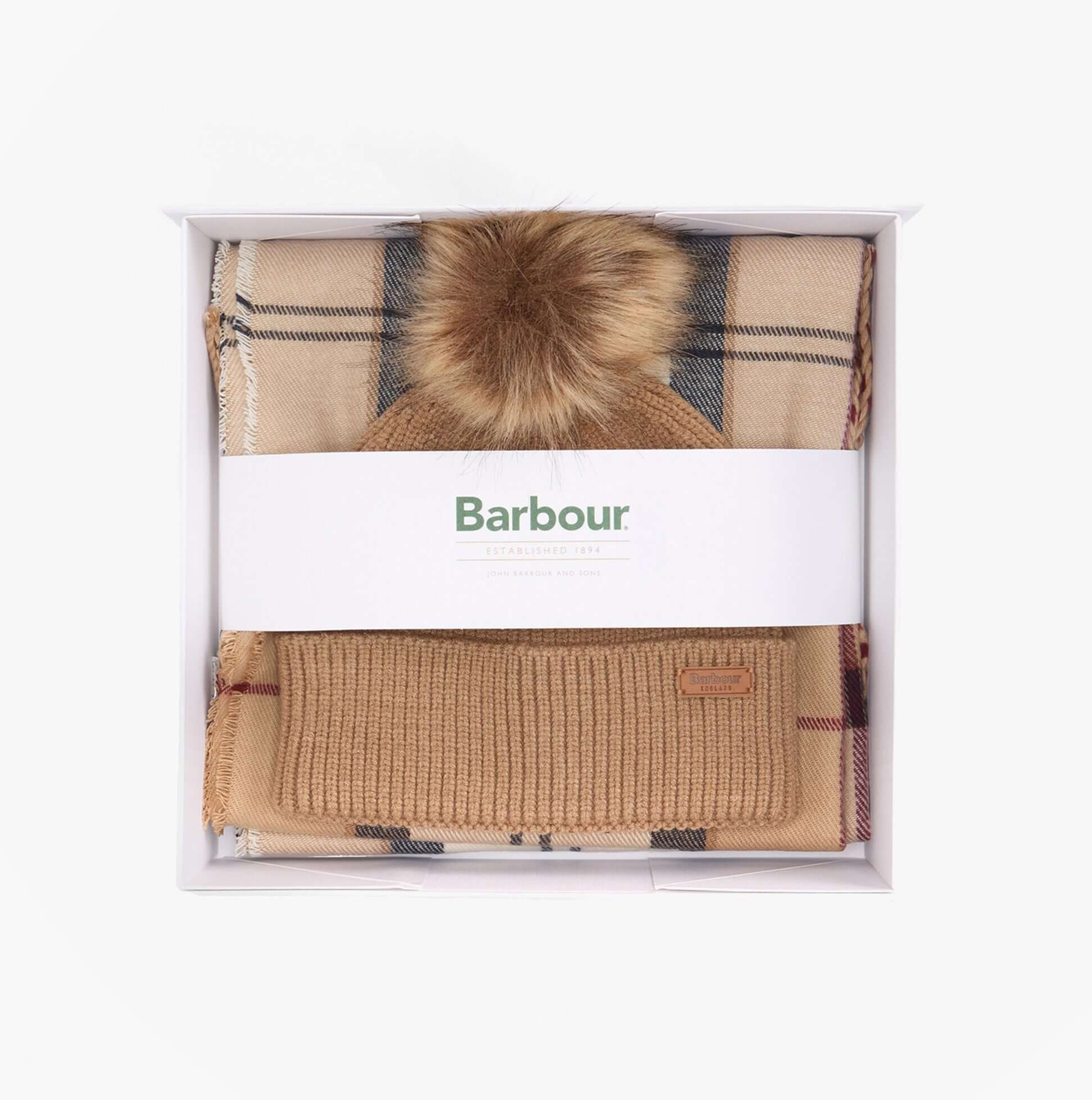 Barbour DOVER BEANIE & HAILES SCARF Gift Set Womens Hessian Tartan, top view in gift box showcasing beanie and scarf.