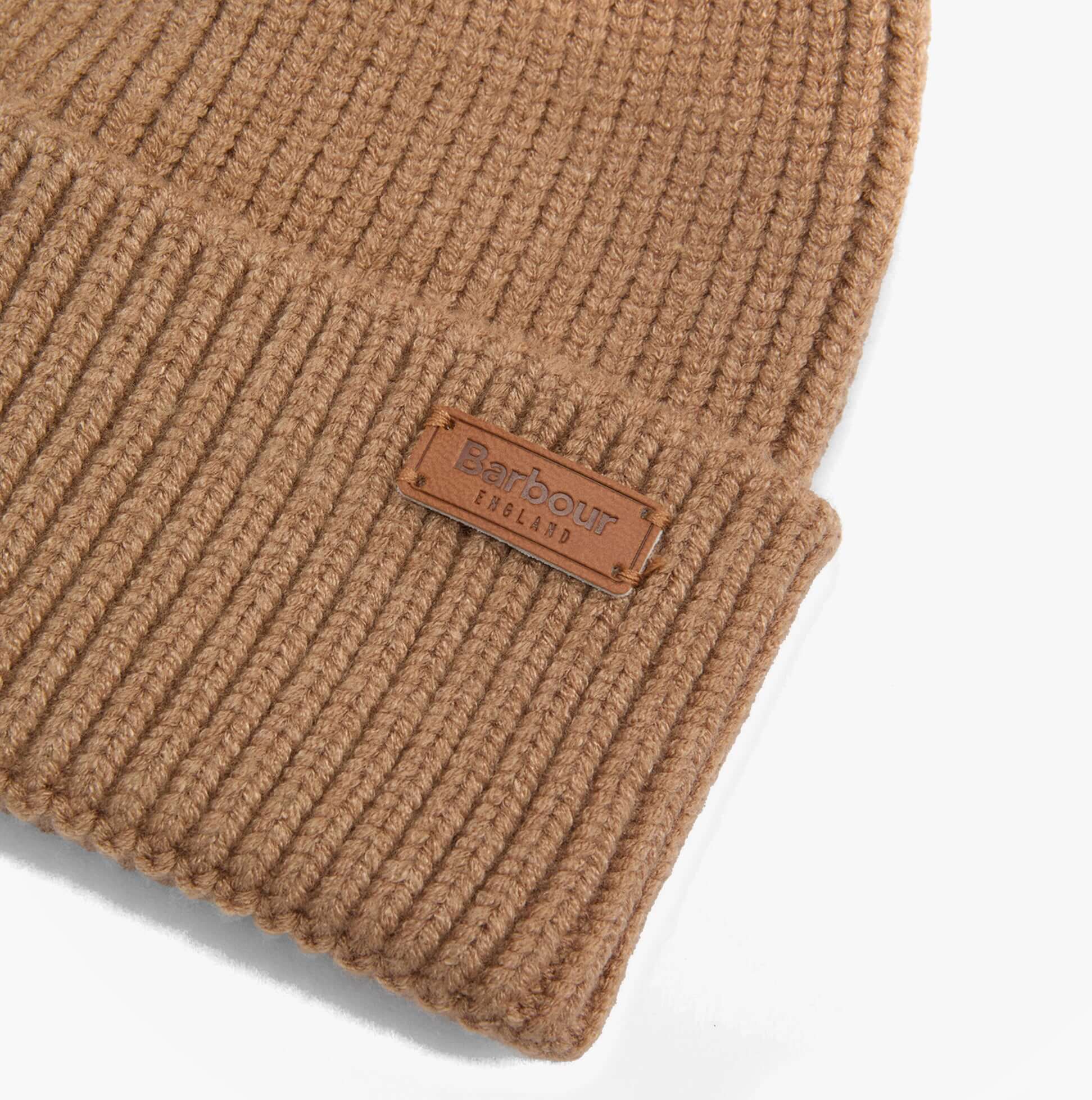 Barbour DOVER BEANIE & HAILES SCARF Gift Set Womens Hessian Tartan detail view of beanie with logo.