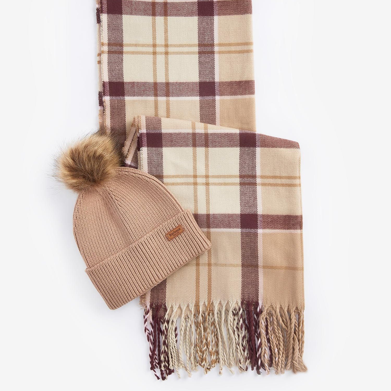 Barbour DOVER BEANIE & HAILES SCARF Gift Set Womens Muted Cabernet, front view of beanie and scarf set in muted color.