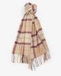 Barbour DOVER BEANIE & HAILES SCARF Gift Set Womens Muted Cabernet detailed view of taupe and burgundy check scarf with fringes.