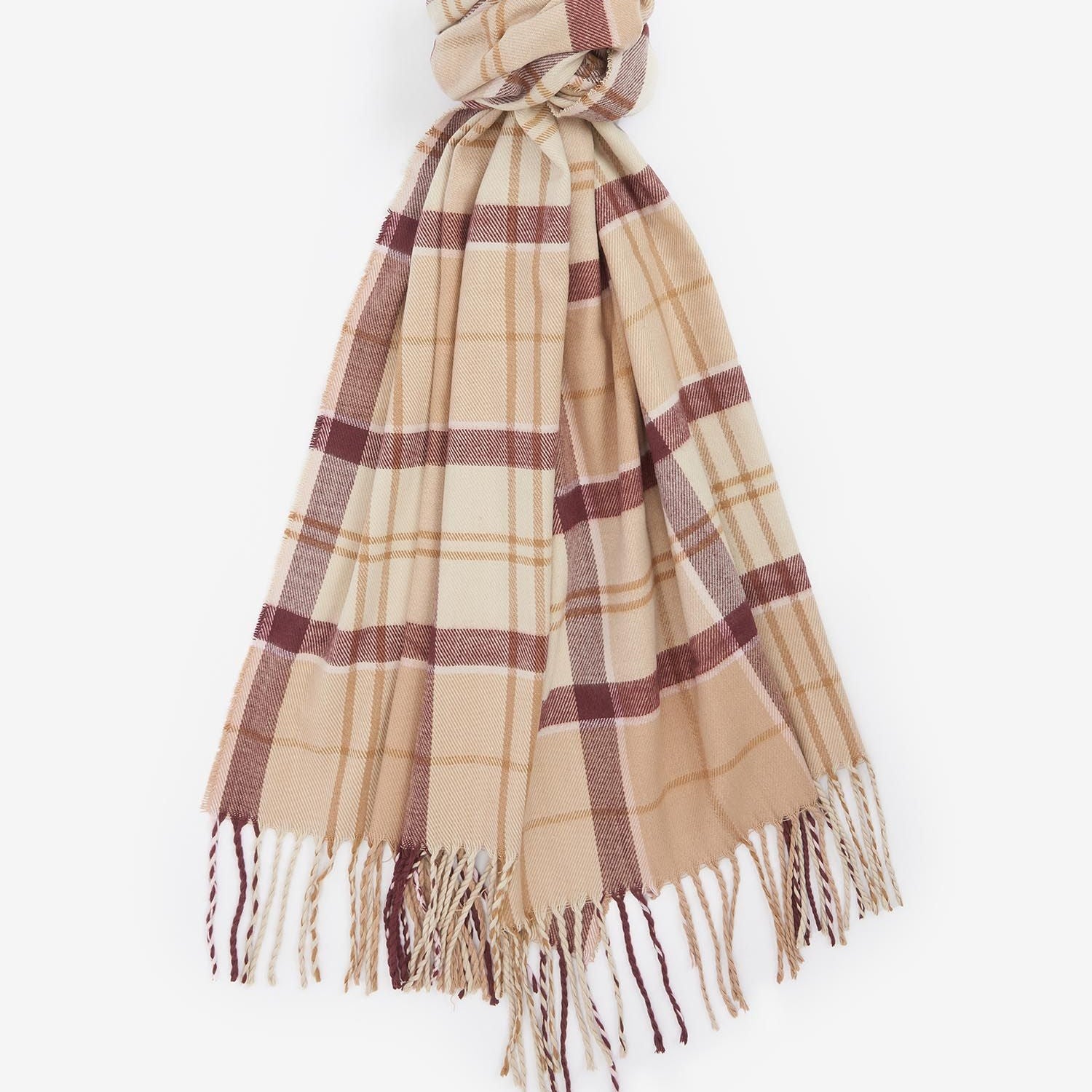 Barbour DOVER BEANIE & HAILES SCARF Gift Set Womens Muted Cabernet detailed view of taupe and burgundy check scarf with fringes.
