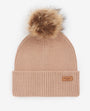 Barbour DOVER BEANIE & HAILES SCARF Gift Set Womens Muted Cabernet front view of knitted beanie with faux fur pom