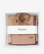 Barbour DOVER BEANIE & HAILES SCARF Gift Set Womens Muted Cabernet top view in gift box with faux fur pom beanie and tasselled scarf.