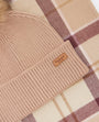 Barbour DOVER BEANIE & HAILES SCARF Gift Set Womens Muted Cabernet top view of knitted beanie and tartan scarf