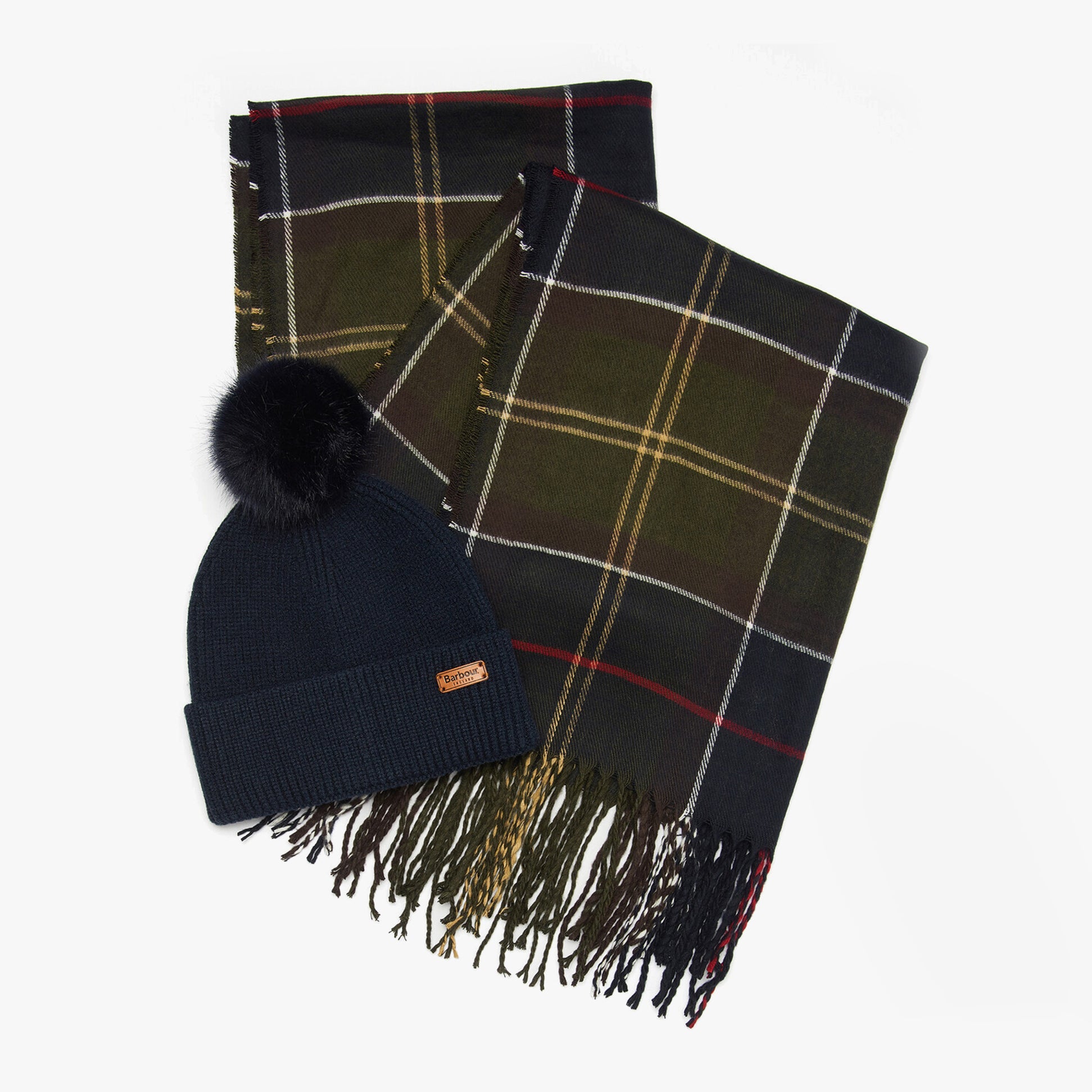 Barbour DOVER BEANIE & HAILES SCARF Womens Gift Set Classic front view showing navy beanie and checkered scarf.