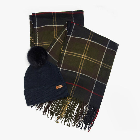 Barbour DOVER BEANIE & HAILES SCARF Womens Gift Set Classic front view showing navy beanie and checkered scarf.