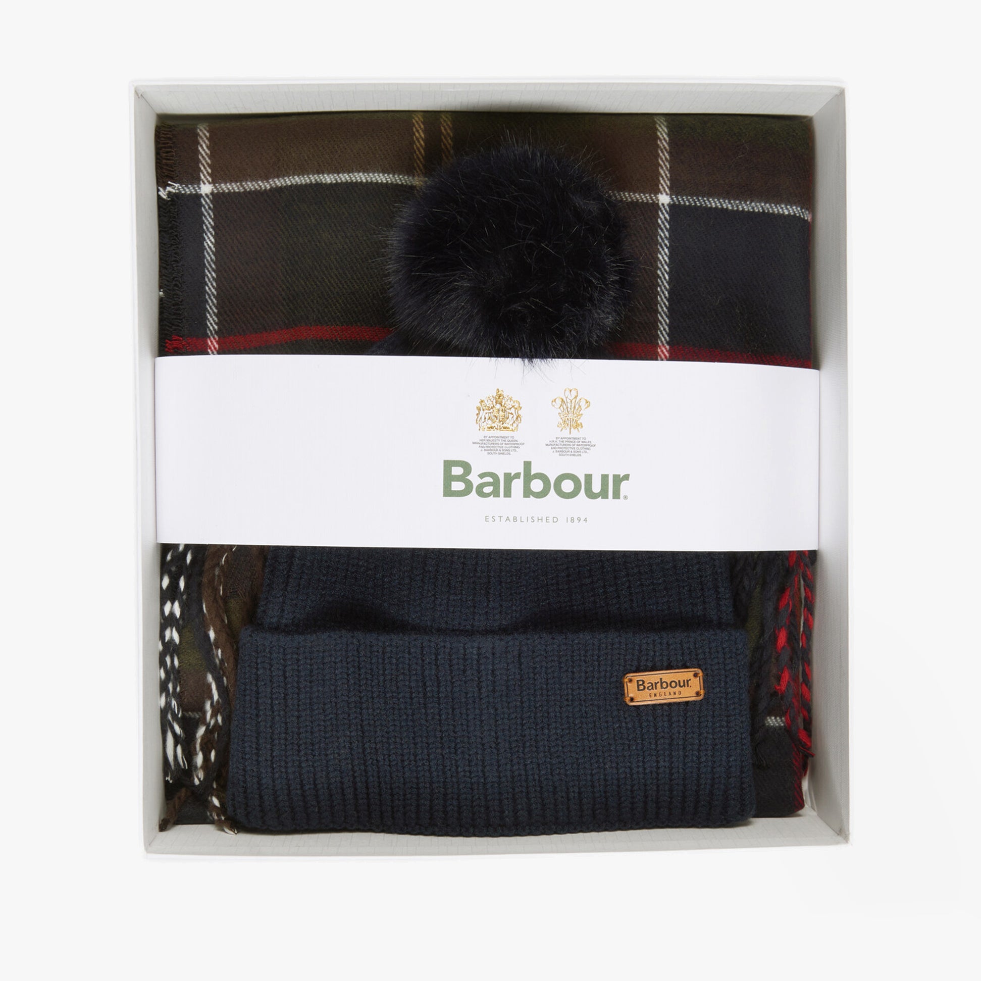 Barbour DOVER BEANIE & HAILES SCARF Womens Gift Set Classic side view in gift box with scarf and beanie