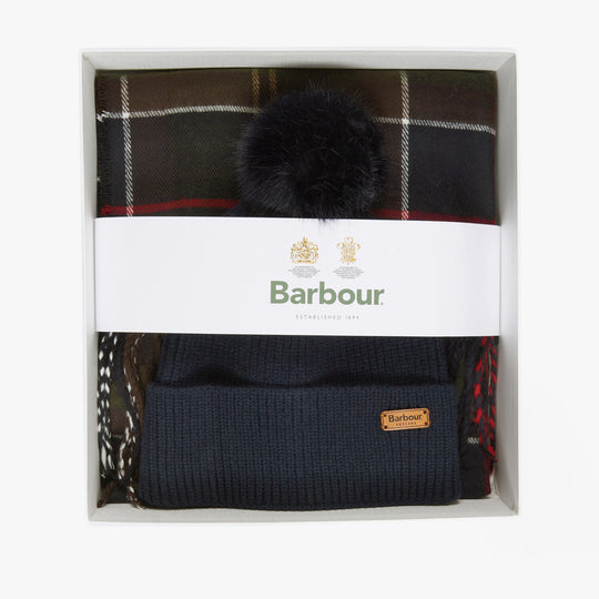 Barbour DOVER BEANIE & HAILES SCARF Womens Gift Set Classic side view in gift box with scarf and beanie