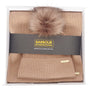 Barbour MALLORY BEANIE AND SCARF Gift Set Womens Light Trench, front view in gift box, features faux fur pom.