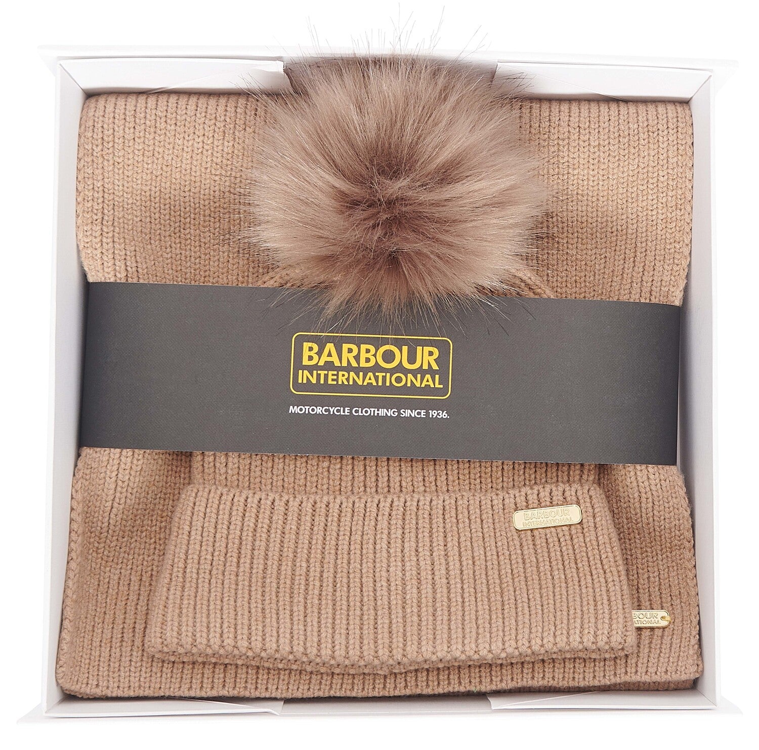 Barbour MALLORY BEANIE AND SCARF Gift Set Womens Light Trench, front view in gift box, features faux fur pom.