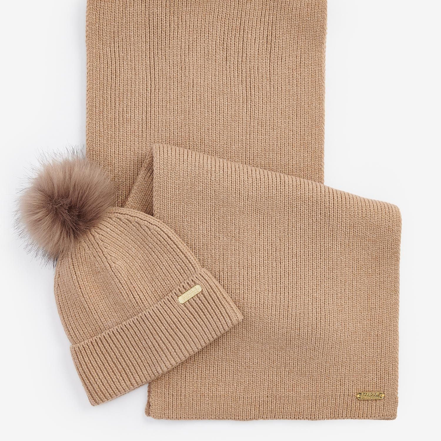 Barbour MALLORY BEANIE AND SCARF Gift Set Womens Light Trench front view, featuring a knitted beanie and matching scarf.