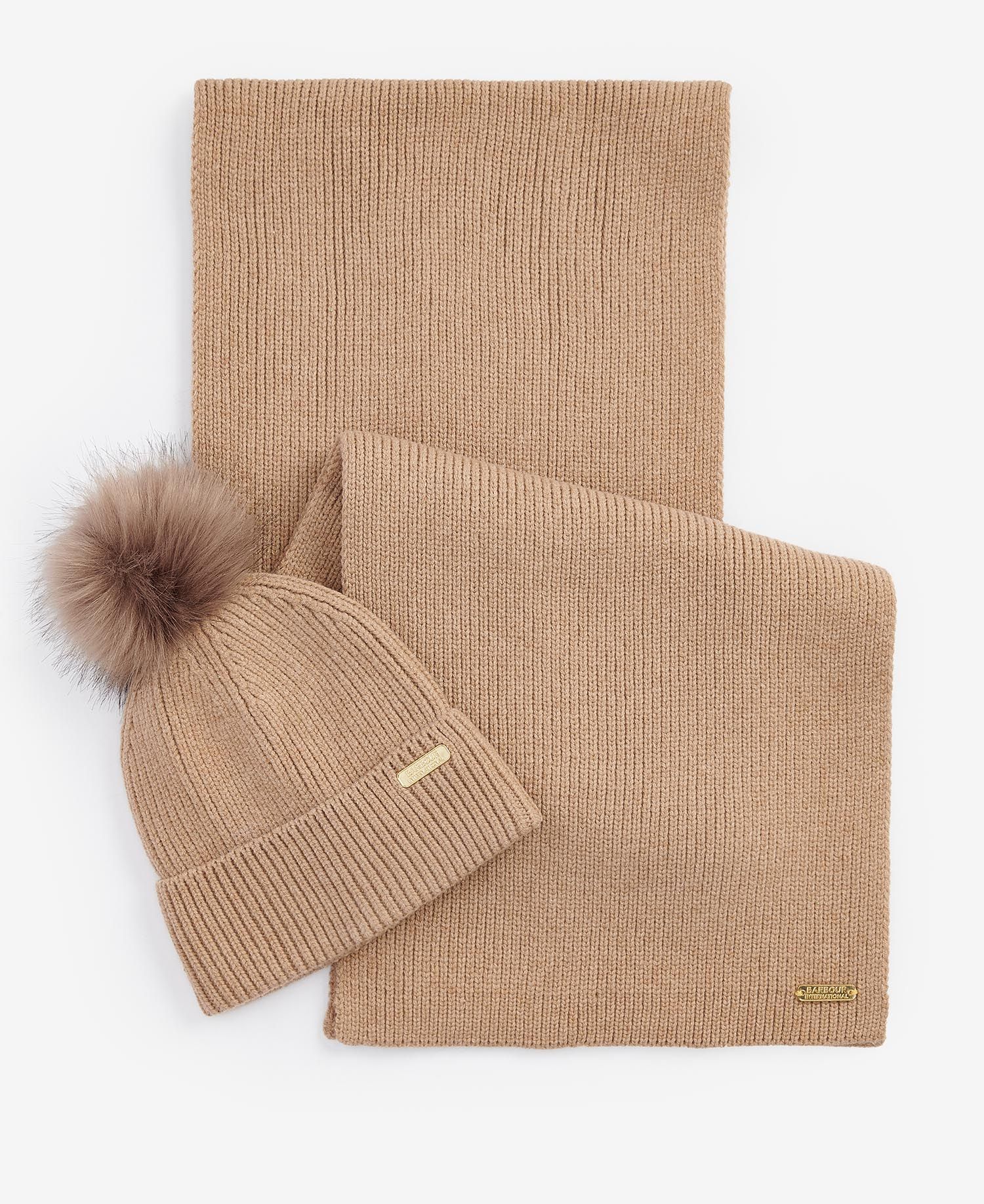 Barbour MALLORY BEANIE AND SCARF Gift Set Womens Light Trench front view, featuring a knitted beanie and matching scarf.