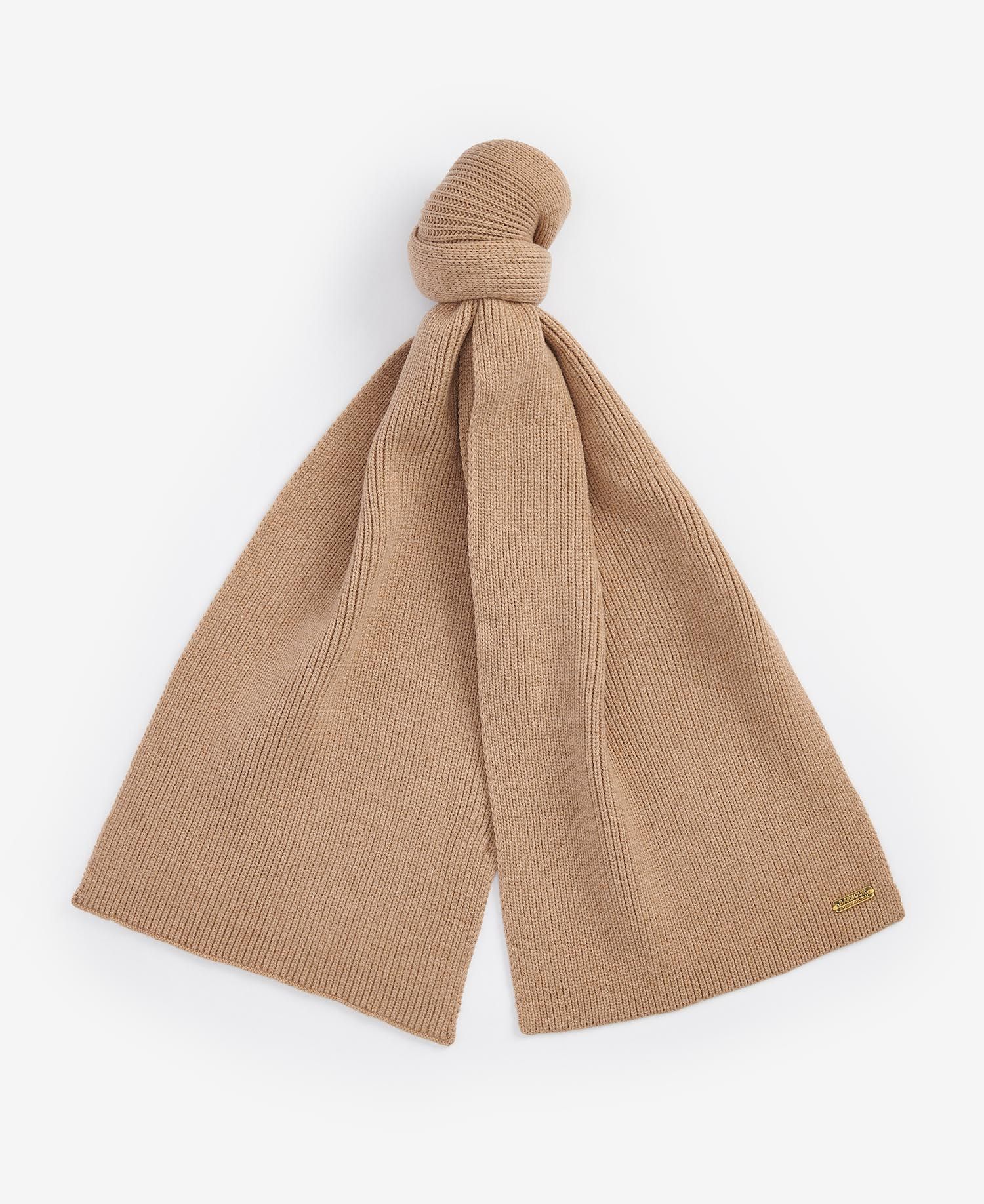 Barbour MALLORY BEANIE AND SCARF Gift Set Womens Light Trench, top view of beige knitted scarf.