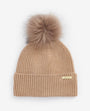 Barbour MALLORY BEANIE AND SCARF Gift Set Womens Light Trench detailed view of knitted beanie with faux fur pom in beige.