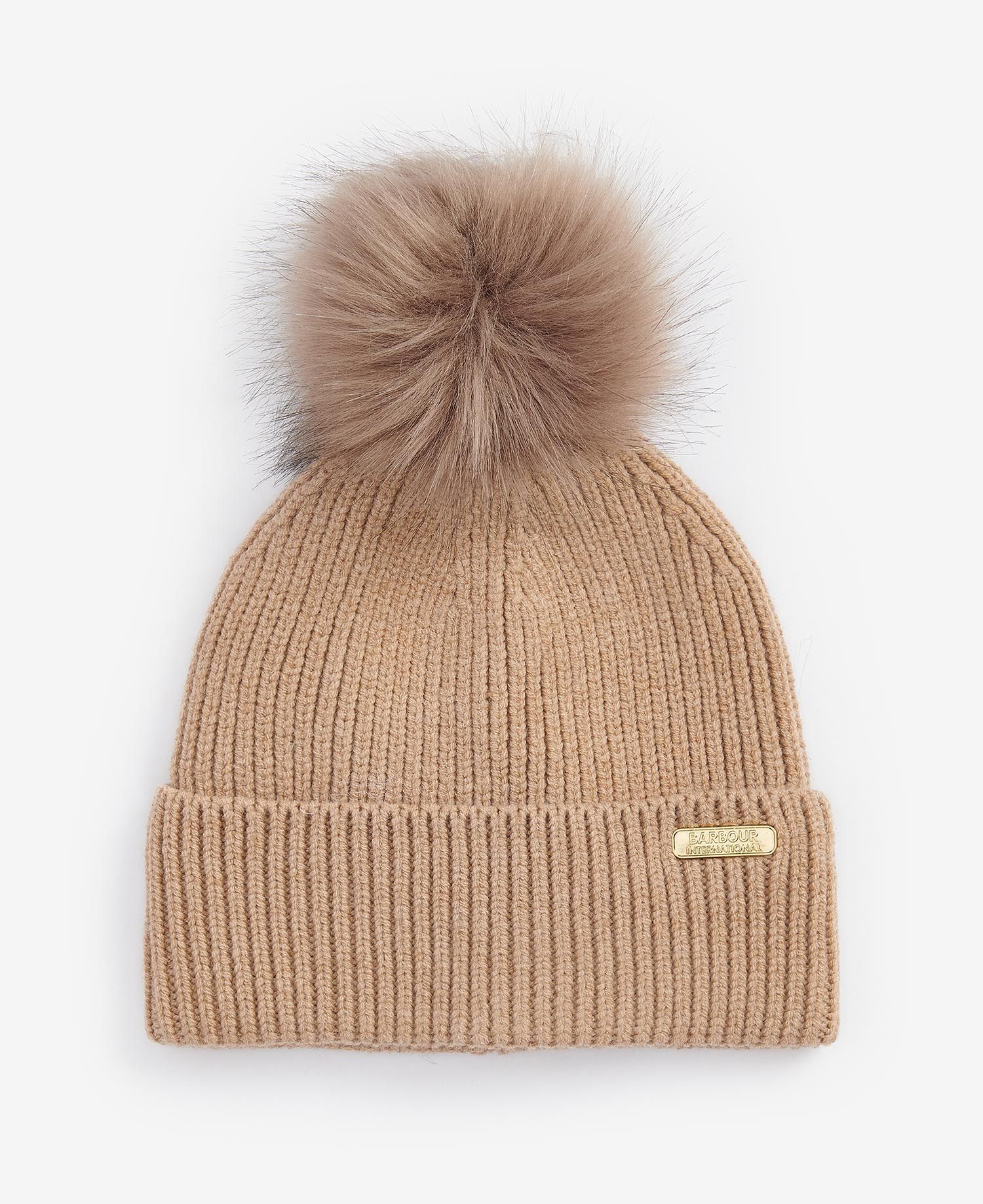 Barbour MALLORY BEANIE AND SCARF Gift Set Womens Light Trench detailed view of knitted beanie with faux fur pom in beige.