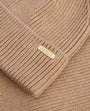Detail view of Barbour MALLORY BEANIE AND SCARF Gift Set Womens Light Trench showing ribbed texture and logo.