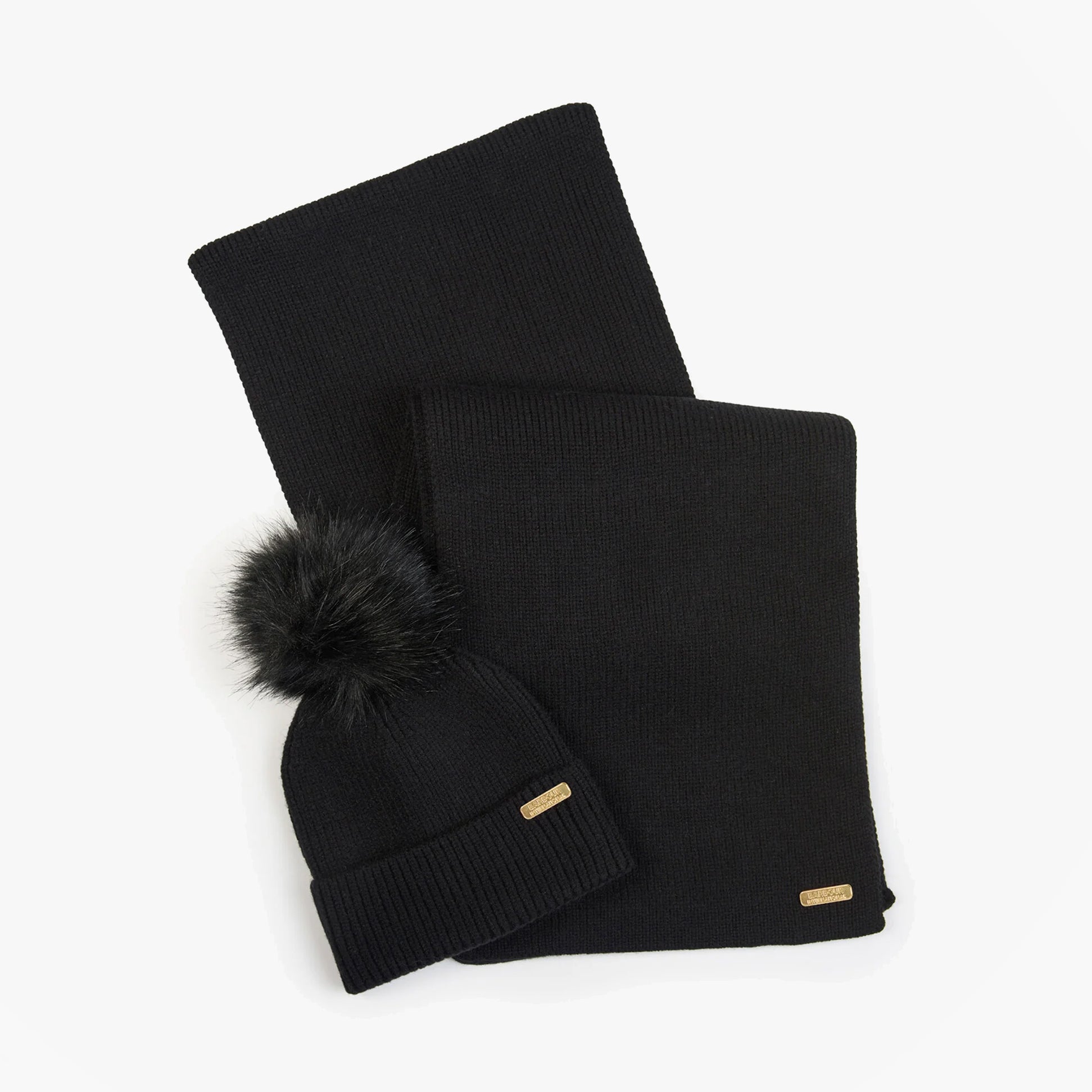 Barbour MALLORY BEANIE & SCARF Womens Gift Set Black top view of hat and scarf set featuring a pom pom beanie and scarf.