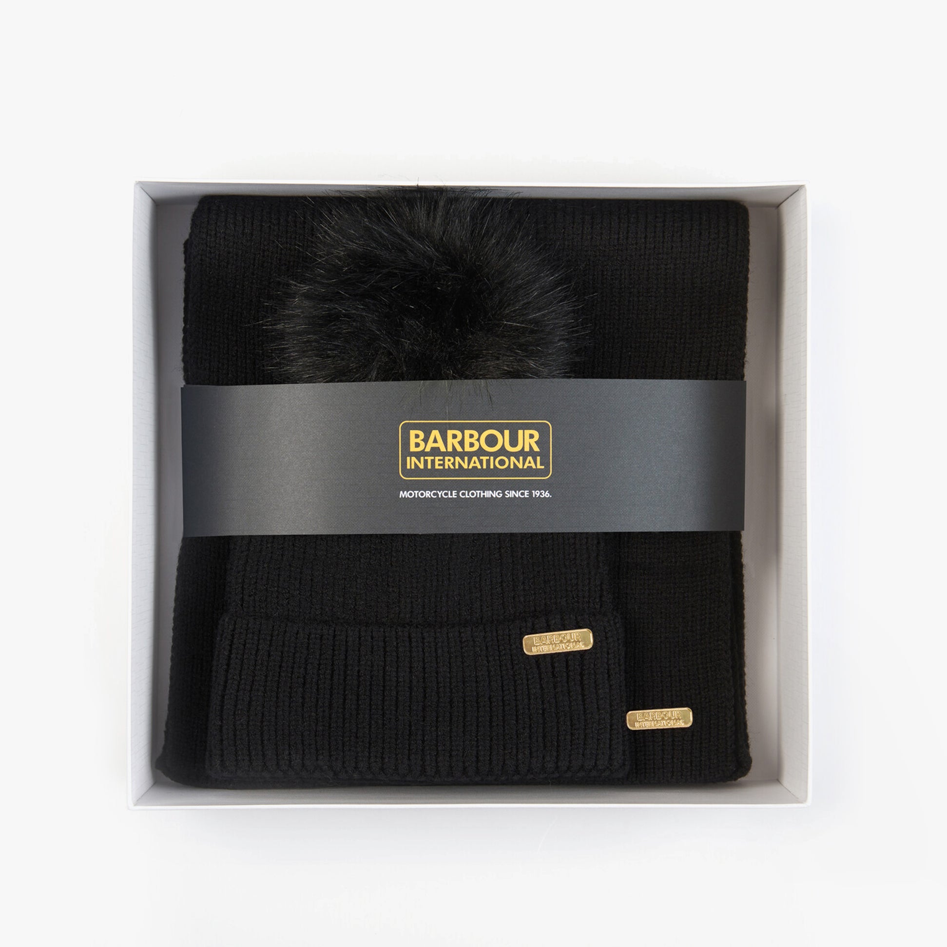 Barbour MALLORY BEANIE & SCARF Womens Gift Set Black in gift box, top view with beanie and scarf displayed.