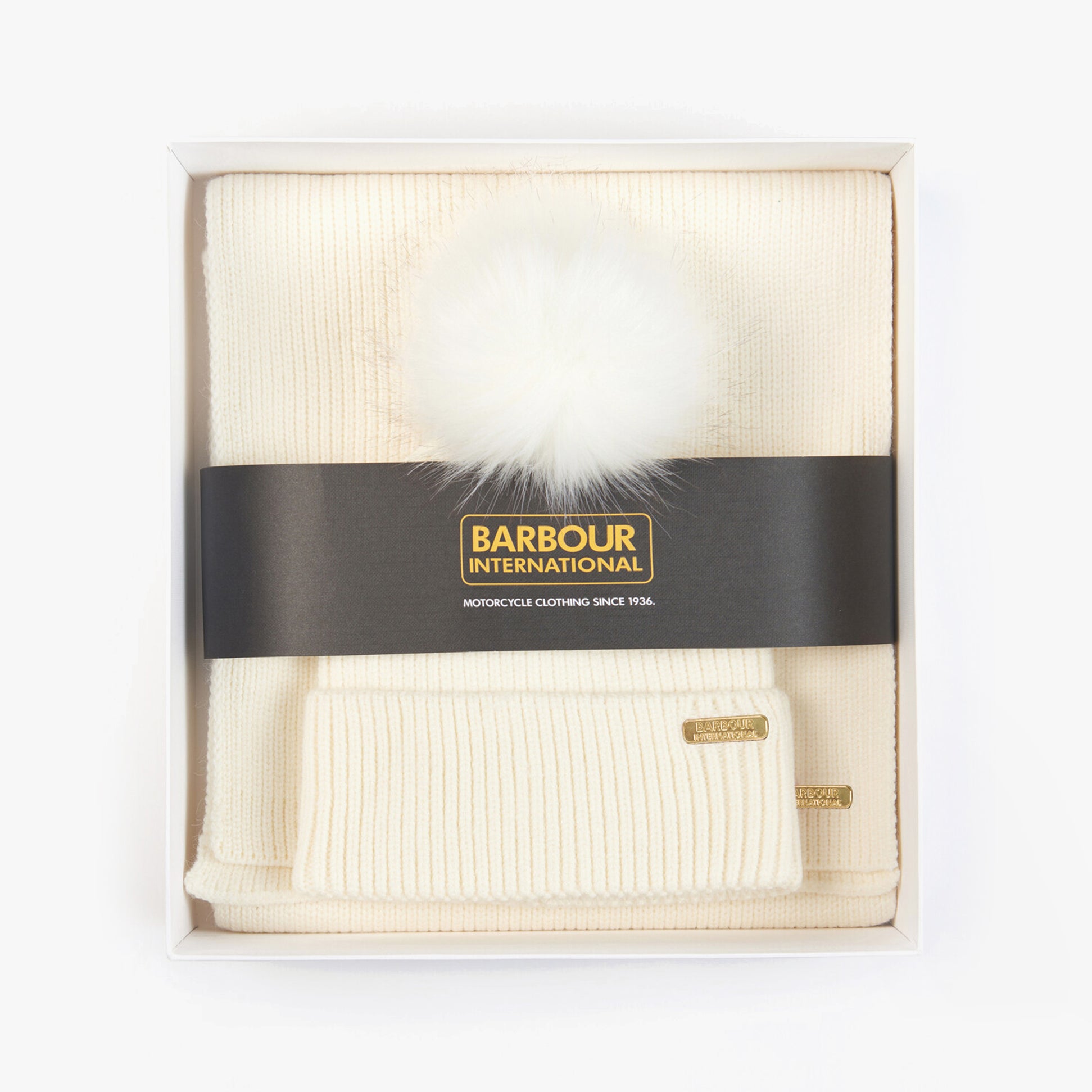 Barbour MALLORY BEANIE & SCARF Womens Gift Set Optic White, front view in gift box, includes hat and scarf with pom-pom.