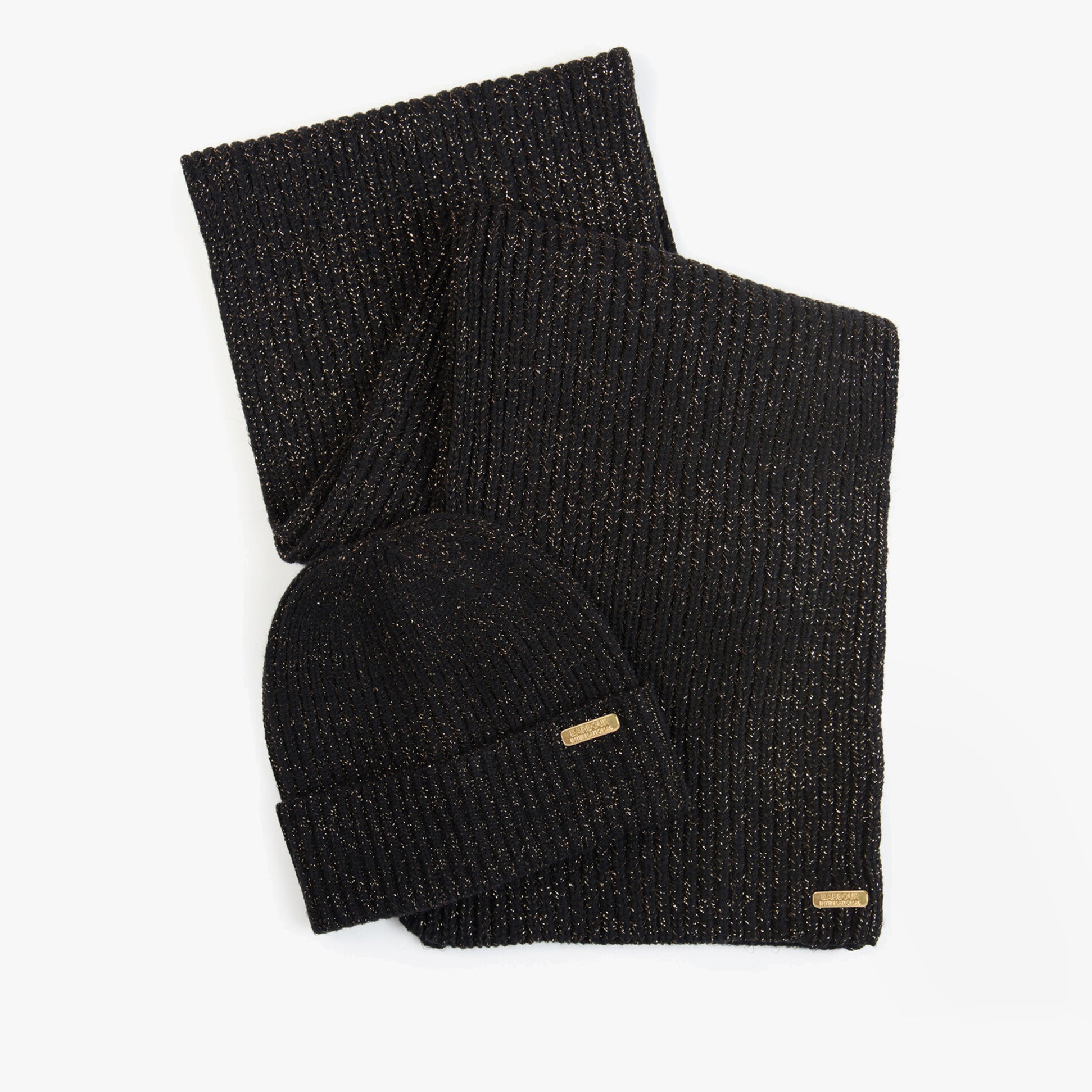 Barbour ESTORIL BEANIE & SCARF Womens Gift Set Black, front view, showcasing a black beanie and scarf in a gift set.