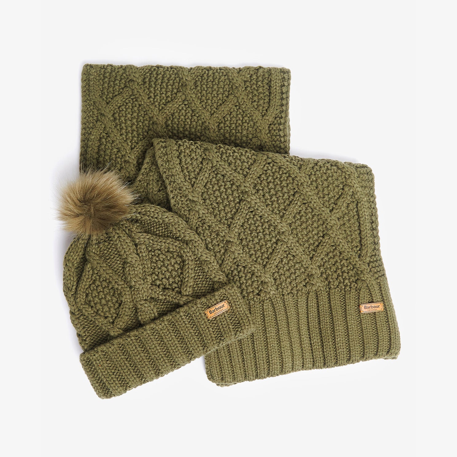 Barbour RIDLEY BEANIE & SCARF Gift Set Womens Olive, top view of beanie and scarf with faux fur pom and textured knit pattern.