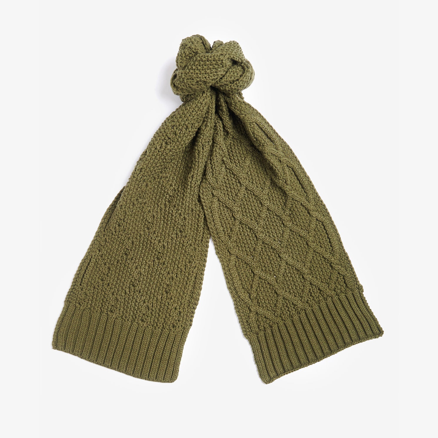 Barbour RIDLEY BEANIE & SCARF Gift Set Womens Olive, detail view of olive scarf with textured pattern.