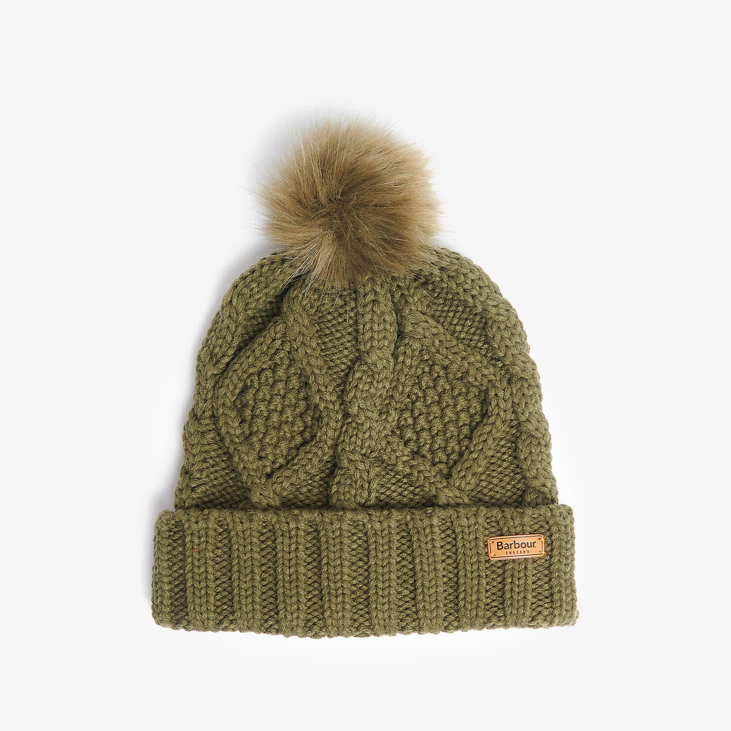 Barbour RIDLEY BEANIE & SCARF Gift Set Womens Olive front view of beanie with faux fur pom and branded label.