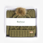 Barbour RIDLEY BEANIE & SCARF Gift Set Womens Olive in gift box, featuring beanie with faux fur pom and knitted scarf.