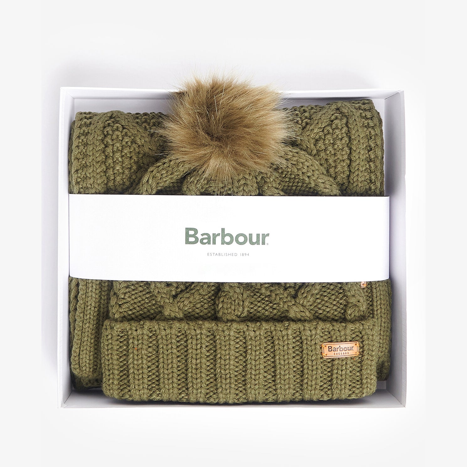 Barbour RIDLEY BEANIE & SCARF Gift Set Womens Olive in gift box, featuring beanie with faux fur pom and knitted scarf.