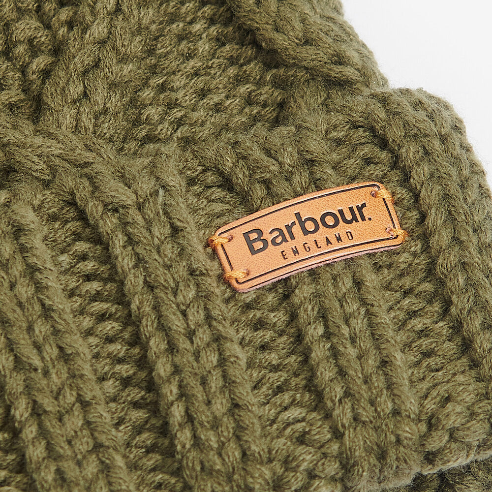 Barbour RIDLEY BEANIE & SCARF Gift Set Womens Olive detail view of beanie texture and logo