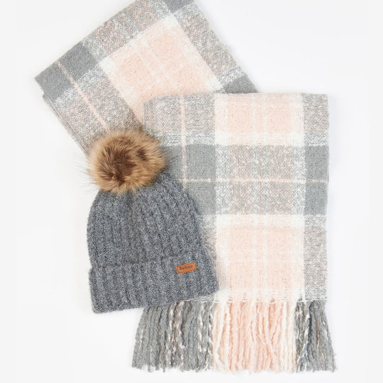 Barbour SALTBURN BEANIE & TARTAN SCARF Womens Gift Set Grey Rose, front view showing beanie and scarf in grey and rose colors.