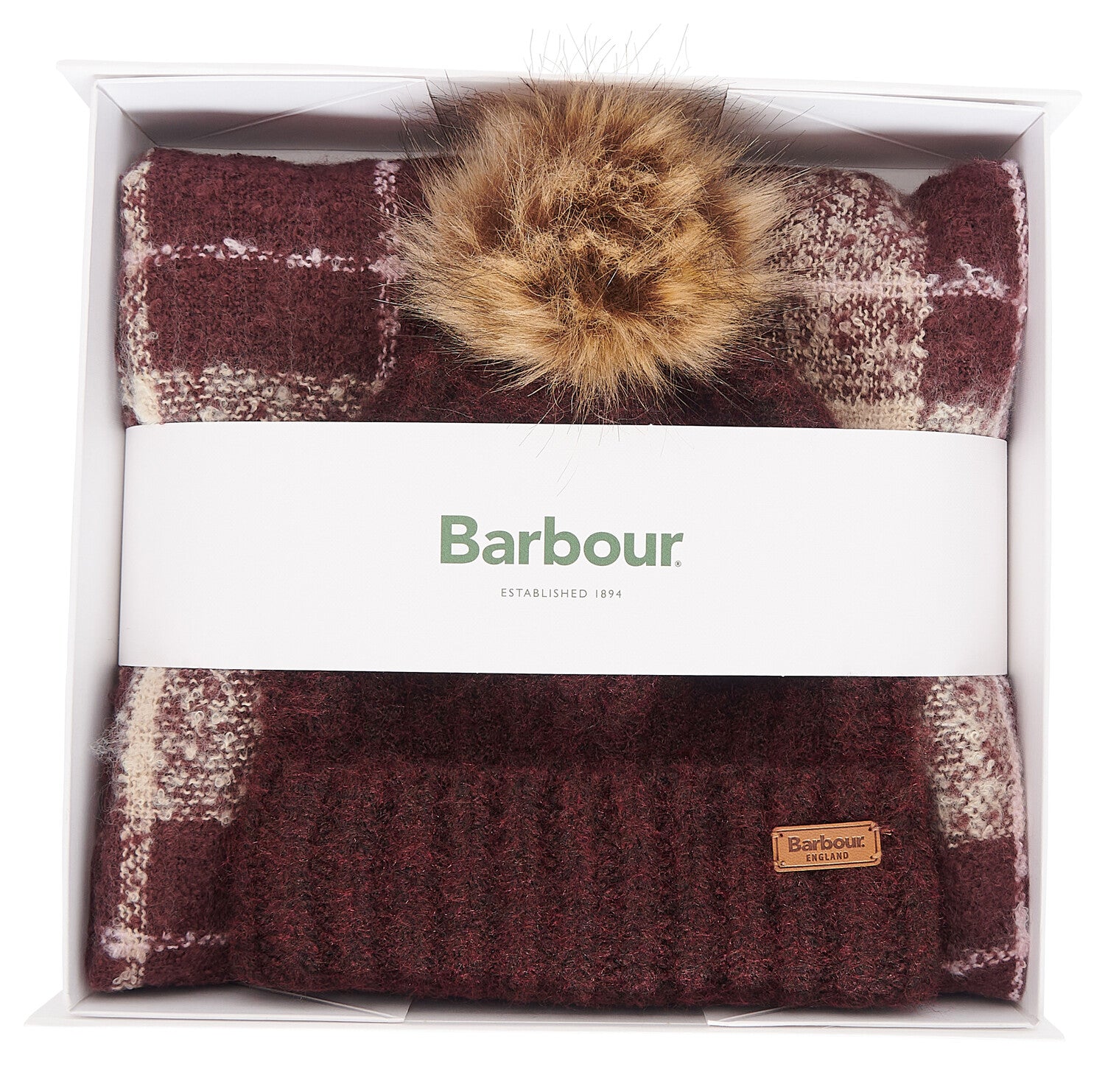 Barbour SALTBURN BEANIE AND TARTAN SCARF Gift Set Womens Cabernet in gift box, featuring beanie with faux fur pom and tartan scarf.