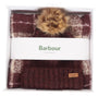 Barbour SALTBURN BEANIE AND TARTAN SCARF Gift Set Womens Cabernet in gift box, featuring beanie with faux fur pom and tartan scarf.