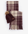 Barbour SALTBURN BEANIE AND TARTAN SCARF Gift Set Womens Cabernet showing beanie with faux fur pom and tartan scarf laid flat.