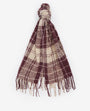 Barbour SALTBURN BEANIE AND TARTAN SCARF Gift Set Womens Cabernet tartan scarf top view with tassels