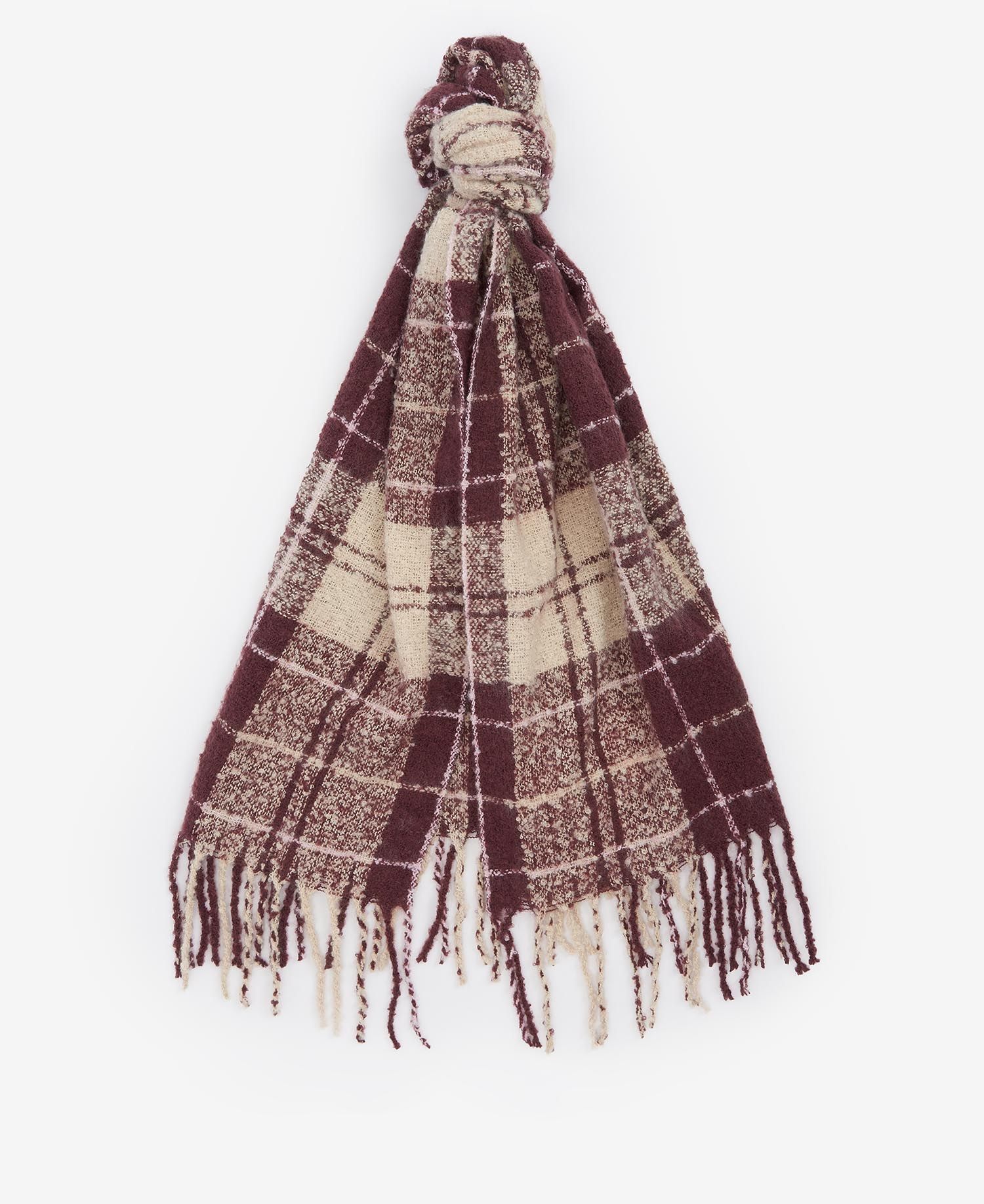 Barbour SALTBURN BEANIE AND TARTAN SCARF Gift Set Womens Cabernet tartan scarf top view with tassels