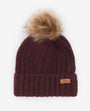 Barbour SALTBURN BEANIE AND TARTAN SCARF Gift Set Womens Cabernet, top view of burgundy beanie with faux fur pom.