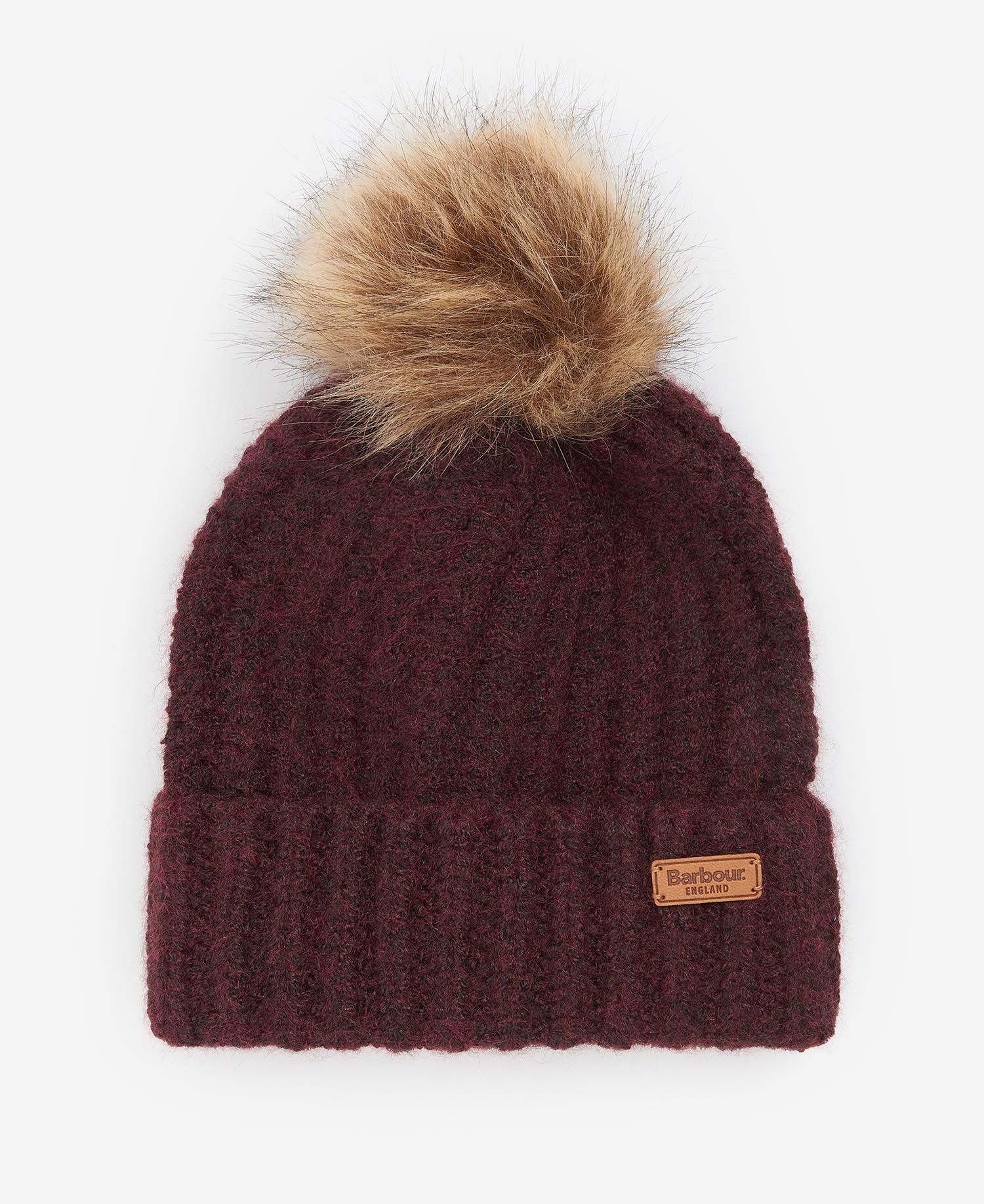 Barbour SALTBURN BEANIE AND TARTAN SCARF Gift Set Womens Cabernet, top view of burgundy beanie with faux fur pom.