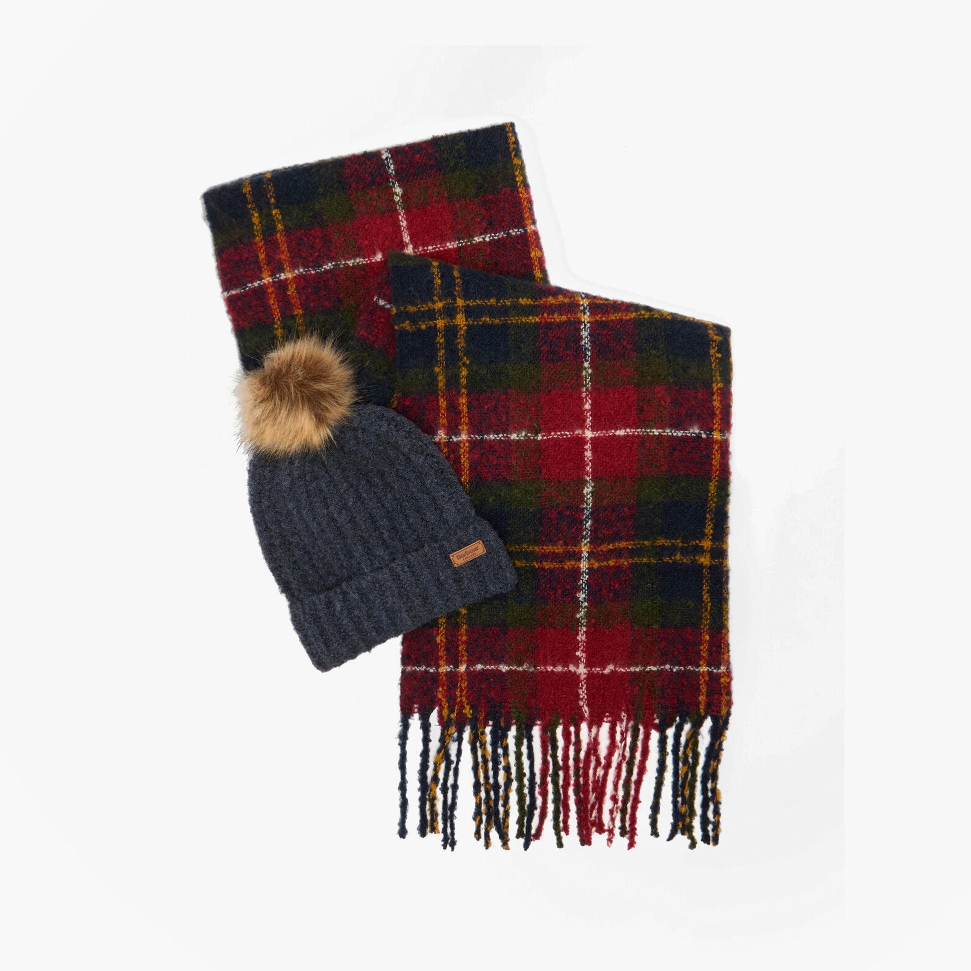 Barbour SALTBURN BEANIE & TARTAN SCARF Gift Set Womens Beanie Winterberry Tartan front view featuring beanie and tartan scarf.