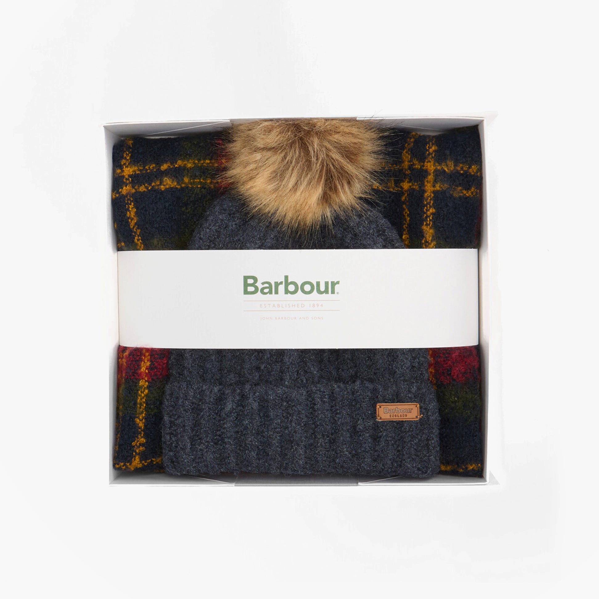 Barbour SALTBURN BEANIE & TARTAN SCARF Gift Set Womens Beanie Winterberry Tartan in gift box, showing beanie and tartan scarf.