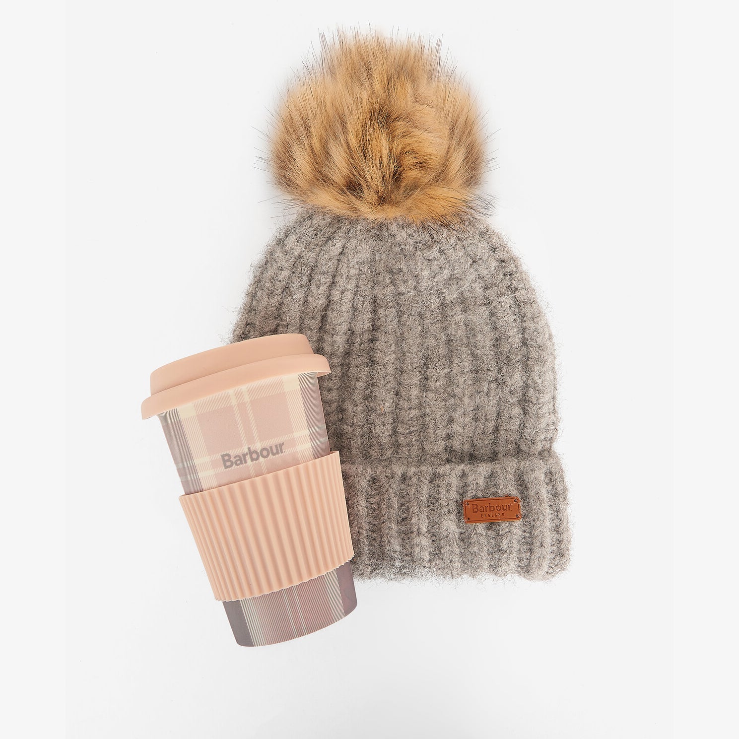 Barbour TRAVEL MUG & BEANIE Gift Set Womens Pink/Grey front view beanie with pom and travel mug.