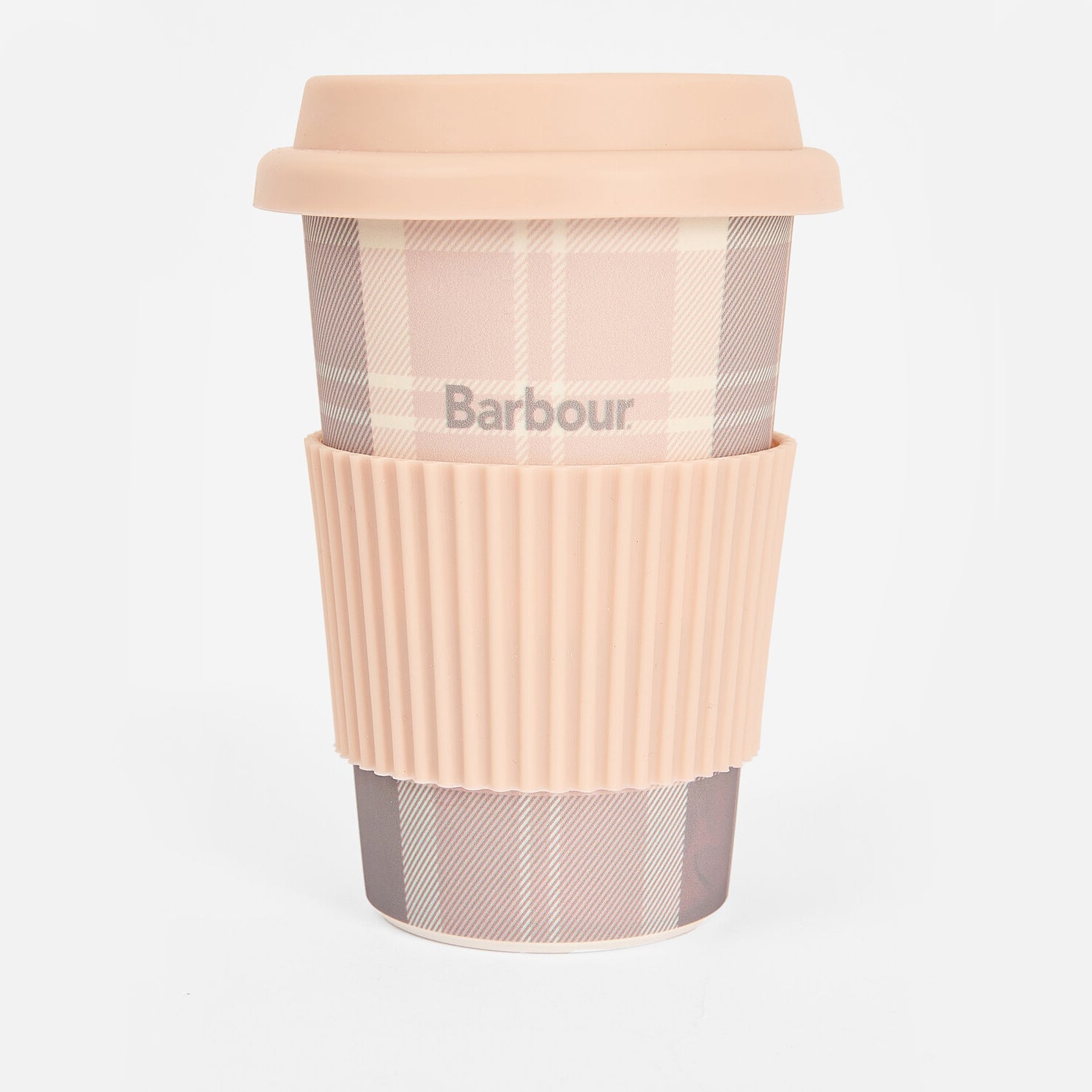 Barbour TRAVEL MUG & BEANIE Gift Set Womens Pink/Grey front view of travel mug with plaid design and soft grip sleeve
