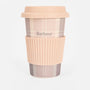 Barbour TRAVEL MUG & BEANIE Gift Set Womens Pink/Grey front view of travel mug with plaid design and soft grip sleeve