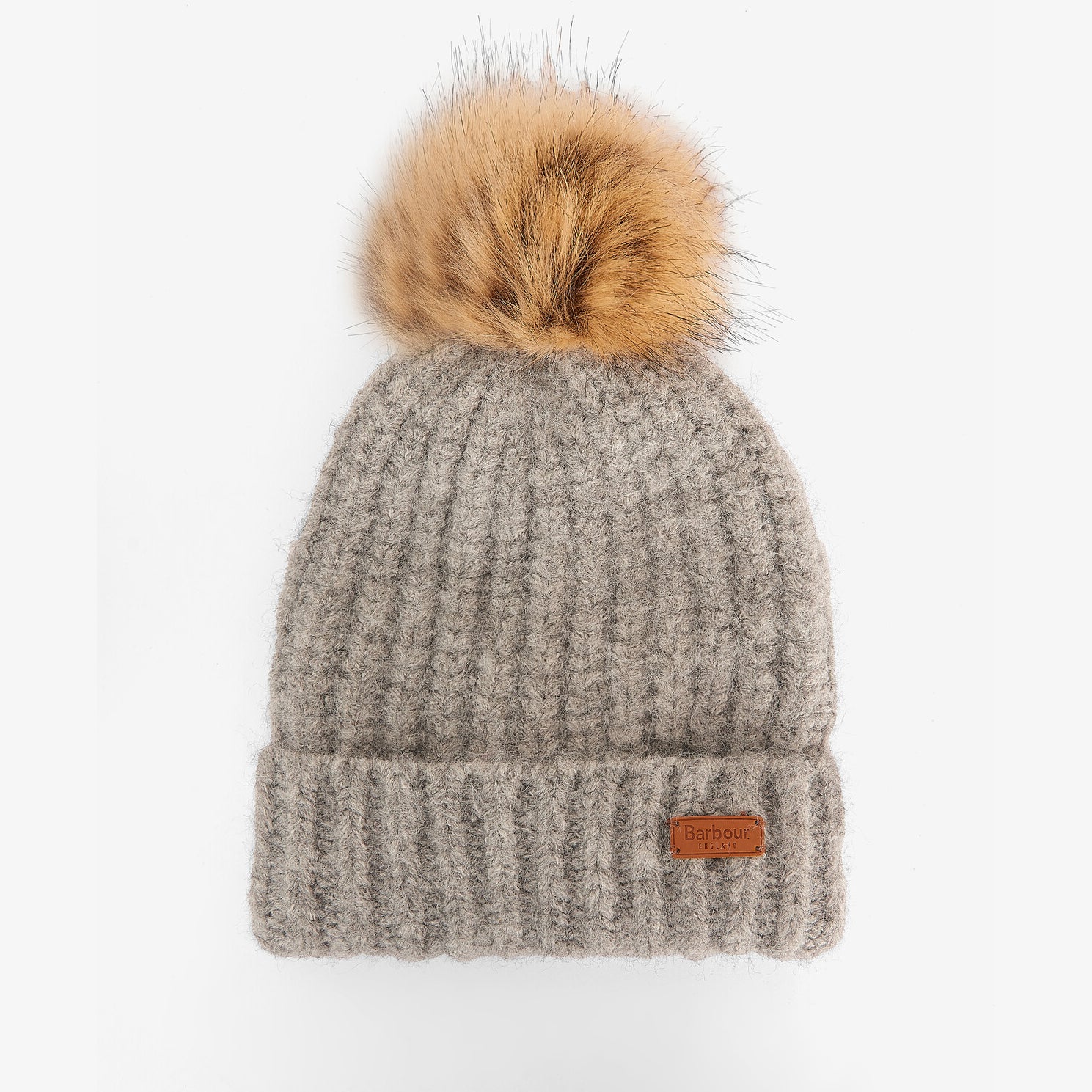 Barbour TRAVEL MUG & BEANIE Gift Set Womens Pink/Grey detailed view of beanie with faux fur pom pom in beige.