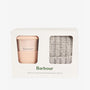 Barbour TRAVEL MUG & BEANIE Gift Set Womens Pink/Grey front view in branded gift box showcasing beanie and travel mug.